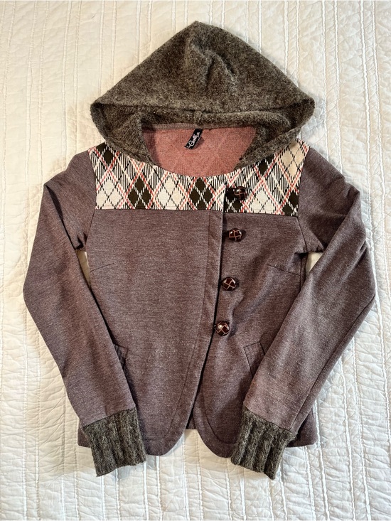 Gentle Fawn Jackets & Blazers - Gentle Fawn Brown Plaid Asymmetrical Button Hooded Jacket Size S Retro Mod